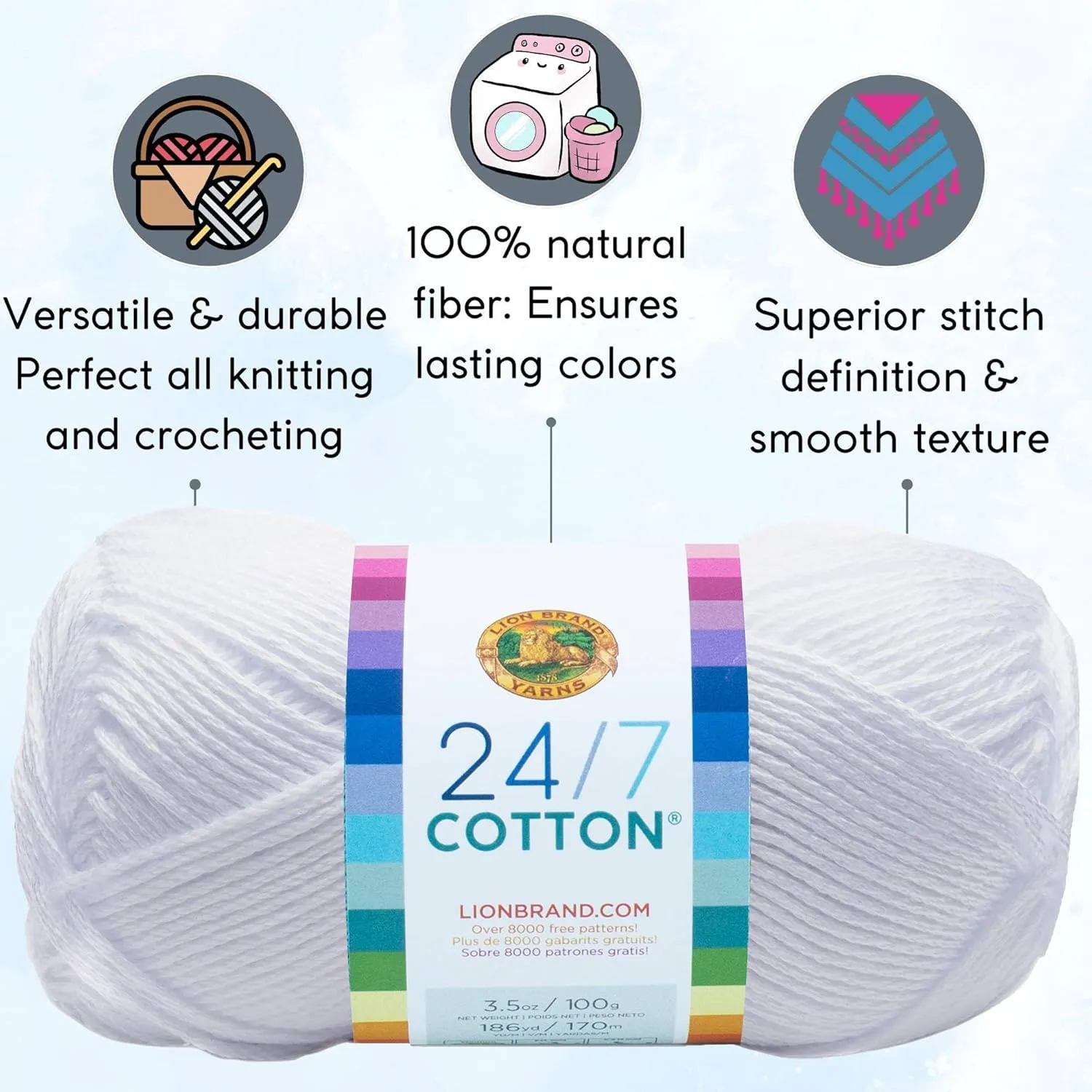Lion Brand 24/7 Cotton White 761-100 (3-Skeins - Same Dye Lot) Worsted Medium #4 Cotton Yarn for Crocheting and Knitting with Project Bag