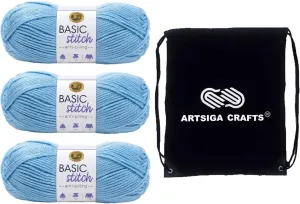 Lion Brand Basic Stitch Anti-Pilling Baby Blue 202-106 (3-Skeins - Same Dye Lot) Worsted Medium #4 Acrylic Yarn for Crocheting and Knitting with Project Bag