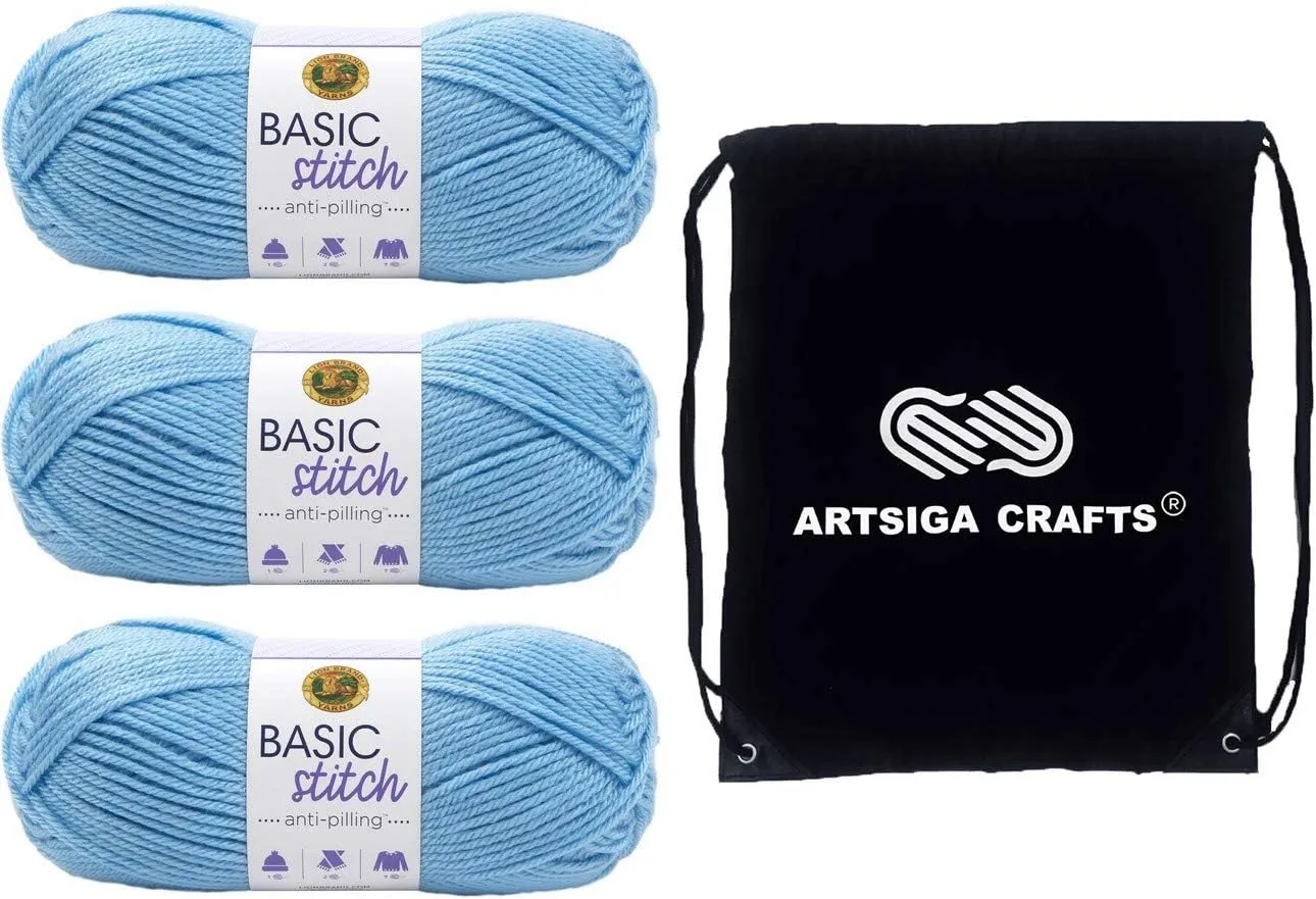 Lion Brand Basic Stitch Anti-Pilling Baby Blue 202-106 (3-Skeins - Same Dye Lot) Worsted Medium #4 Acrylic Yarn for Crocheting and Knitting with Project Bag