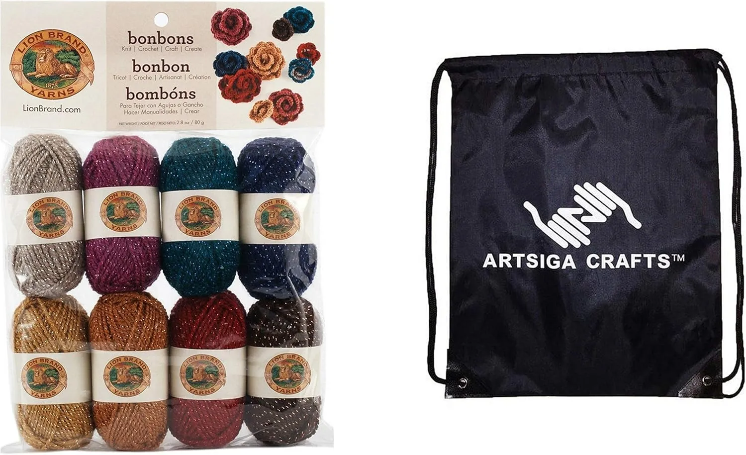 Lion Brand Bonbons 8pcs Party 601-650 (1-Pack - Same Dye Lot) DK Light Worsted #3 Acrylic Yarn for Crocheting and Knitting with Project Bag