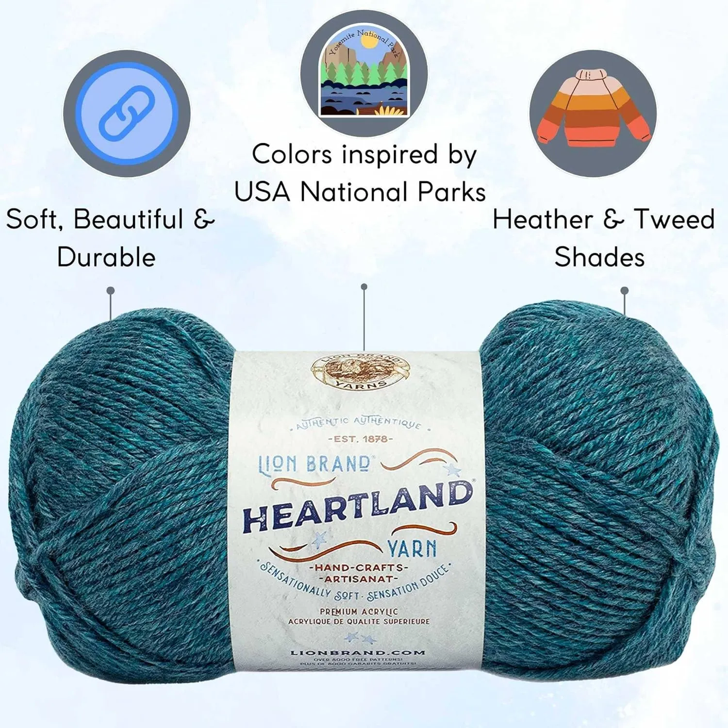 Lion Brand Heartland Glacier Bay 136-105 (3-Skeins - Same Dye Lot) Worsted Medium #4 Acrylic Yarn for Crocheting and Knitting with Project Bag