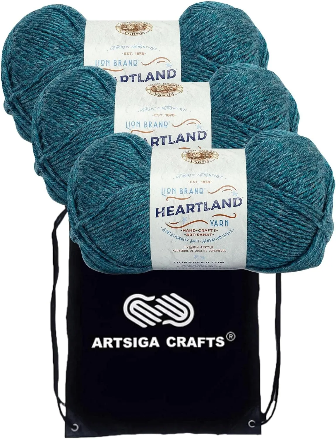 Lion Brand Heartland Glacier Bay 136-105 (3-Skeins - Same Dye Lot) Worsted Medium #4 Acrylic Yarn for Crocheting and Knitting with Project Bag