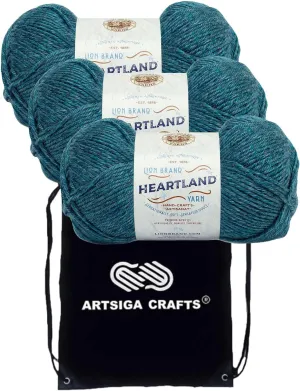 Lion Brand Heartland Glacier Bay 136-105 (3-Skeins - Same Dye Lot) Worsted Medium #4 Acrylic Yarn for Crocheting and Knitting with Project Bag