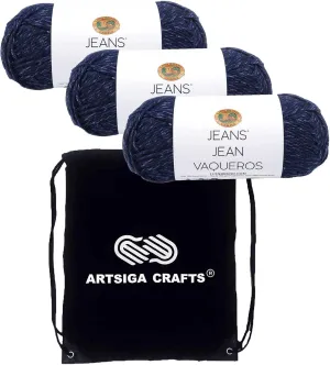 Lion Brand Jeans Dark Blue 505-108 (3-Skeins - Same Dye Lot) Worsted Medium #4 Acrylic Yarn for Crocheting and Knitting with Project Bag
