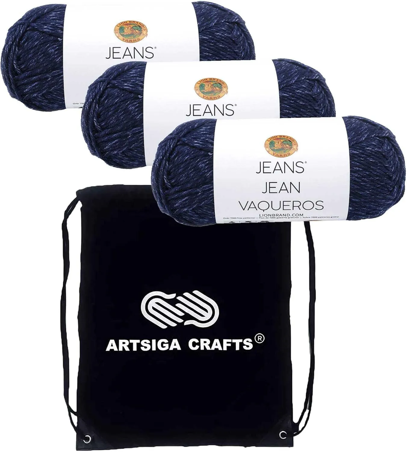 Lion Brand Jeans Dark Blue 505-108 (3-Skeins - Same Dye Lot) Worsted Medium #4 Acrylic Yarn for Crocheting and Knitting with Project Bag