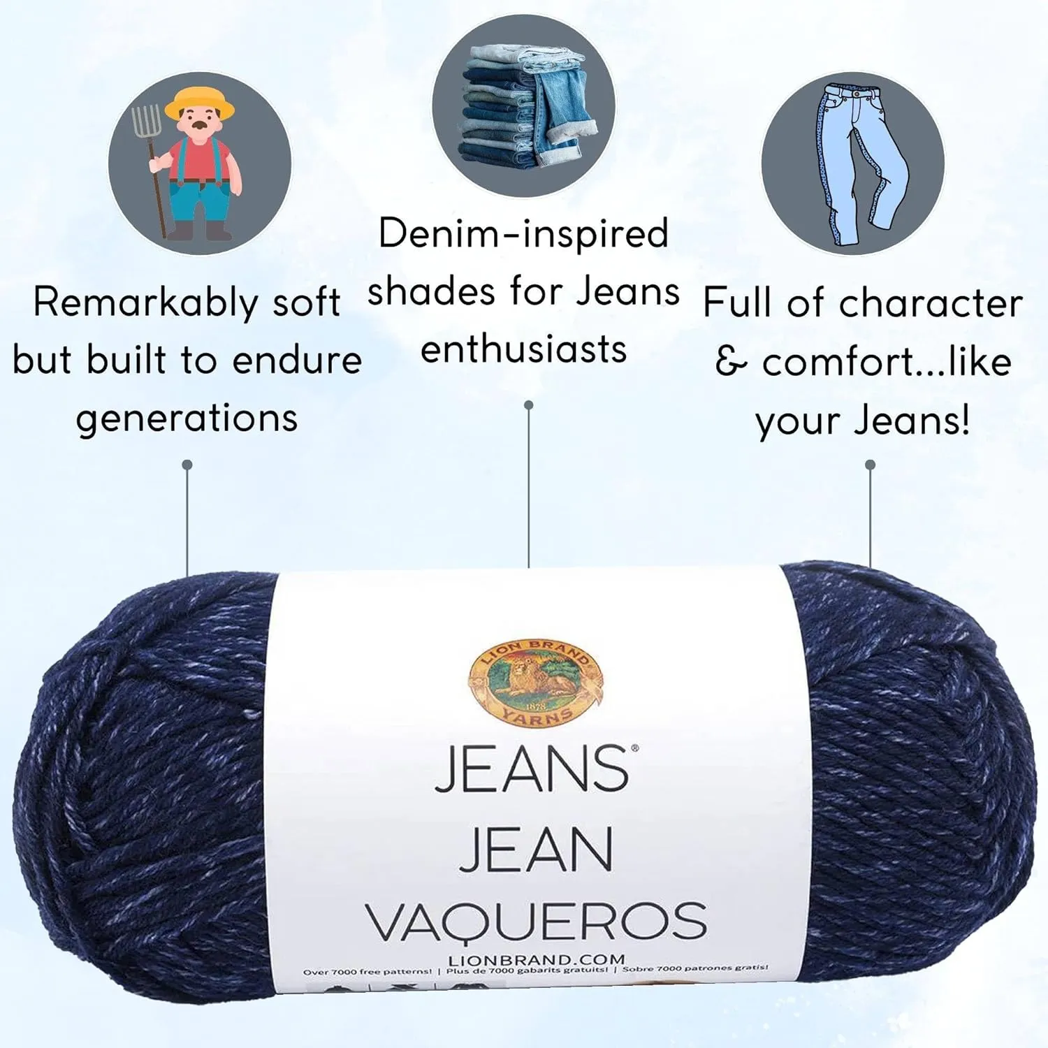 Lion Brand Jeans Dark Blue 505-108 (3-Skeins - Same Dye Lot) Worsted Medium #4 Acrylic Yarn for Crocheting and Knitting with Project Bag