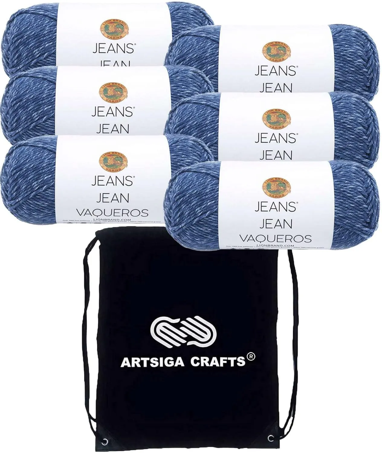 Lion Brand Jeans Stonewash 505-109 (6-Skeins - Same Dye Lot) Worsted Medium #4 Acrylic Yarn for Crocheting and Knitting with Project Bag