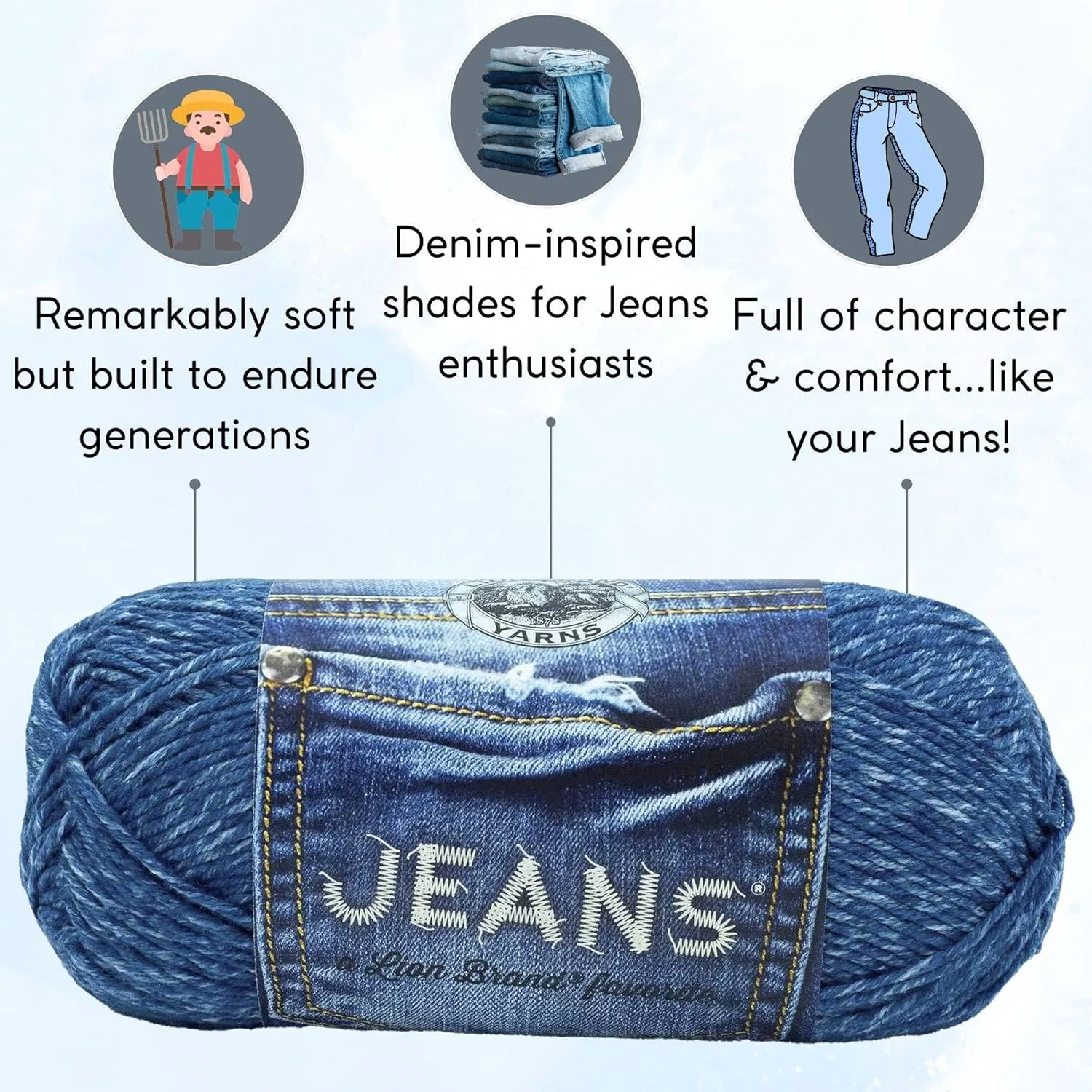 Lion Brand Jeans Stonewash 505-109 (6-Skeins - Same Dye Lot) Worsted Medium #4 Acrylic Yarn for Crocheting and Knitting with Project Bag