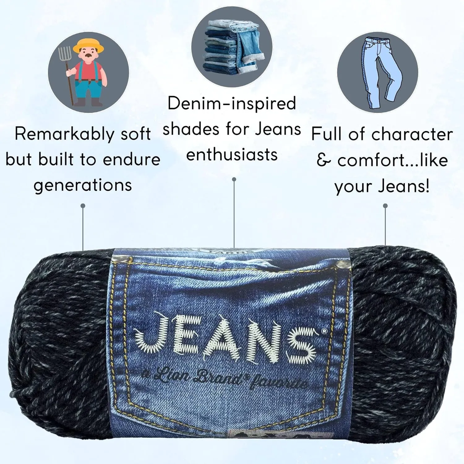 Lion Brand Jeans Stovepipe 505-153 (3-Skeins - Same Dye Lot) Worsted Medium #4 Acrylic Yarn for Crocheting and Knitting with Project Bag