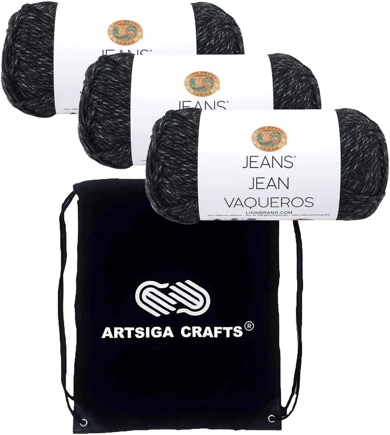 Lion Brand Jeans Stovepipe 505-153 (3-Skeins - Same Dye Lot) Worsted Medium #4 Acrylic Yarn for Crocheting and Knitting with Project Bag