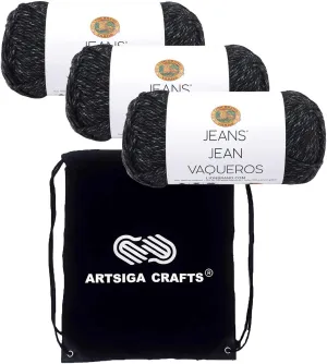 Lion Brand Jeans Stovepipe 505-153 (3-Skeins - Same Dye Lot) Worsted Medium #4 Acrylic Yarn for Crocheting and Knitting with Project Bag