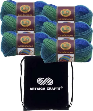 Lion Brand Landscapes Blue Lagoon 545-207 (6-Skeins - Same Dye Lot) Worsted Medium #4 Acrylic Yarn for Crocheting and Knitting with Project Bag