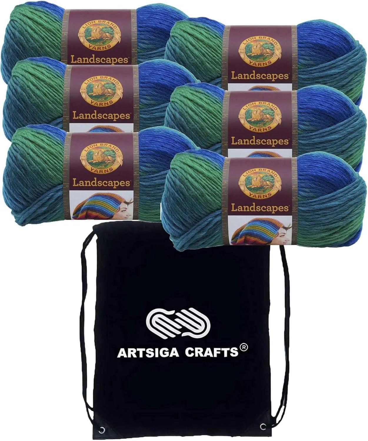 Lion Brand Landscapes Blue Lagoon 545-207 (6-Skeins - Same Dye Lot) Worsted Medium #4 Acrylic Yarn for Crocheting and Knitting with Project Bag