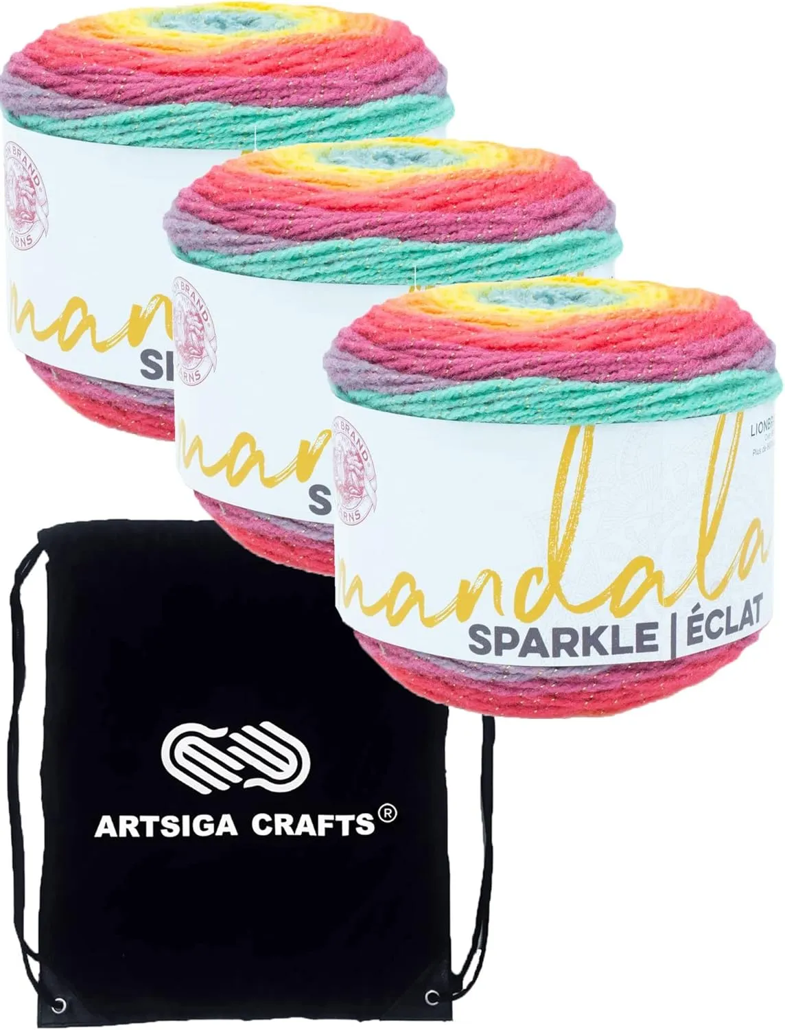 Lion Brand Mandala Sparkle Crux 527-312 (3-Skeins - Same Dye Lot) DK Light Worsted #3 Acrylic Yarn for Crocheting and Knitting with Project Bag
