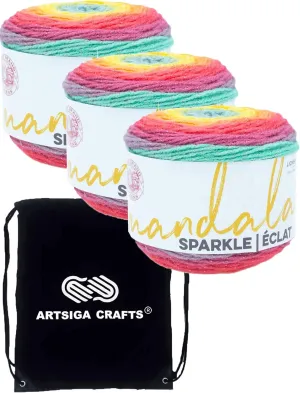 Lion Brand Mandala Sparkle Crux 527-312 (3-Skeins - Same Dye Lot) DK Light Worsted #3 Acrylic Yarn for Crocheting and Knitting with Project Bag