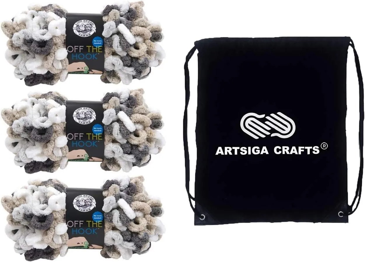 Lion Brand Off The Hook Snowy Cosmo 516-209 (3-Skeins - Same Dye Lot) Jumbo #7 Polyester Yarn for Crocheting and Knitting with Project Bag