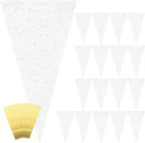 LOGOFUN 200pcs Clear Cone Bags Transparent Popcorn Bags Clear Treat Bags Multi-function Popcorn Bags with Twist Ties - White