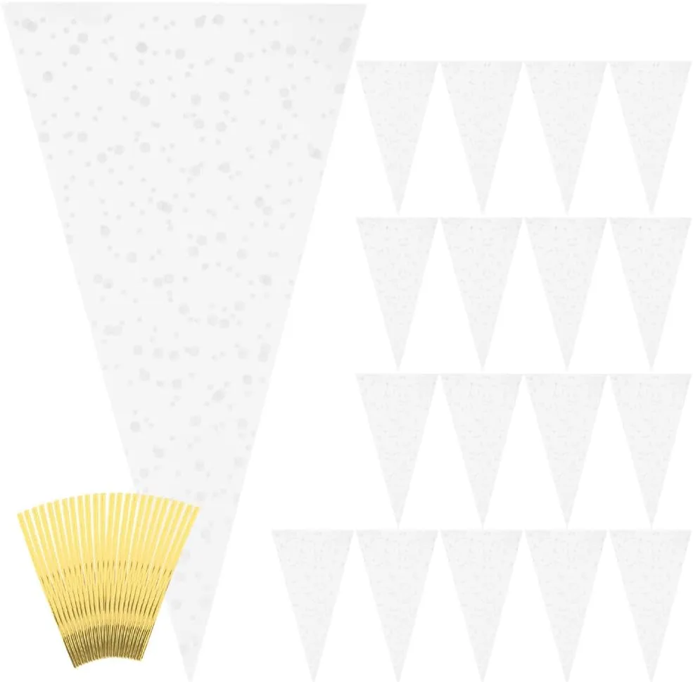 LOGOFUN 200pcs Clear Cone Bags Transparent Popcorn Bags Clear Treat Bags Multi-function Popcorn Bags with Twist Ties - White