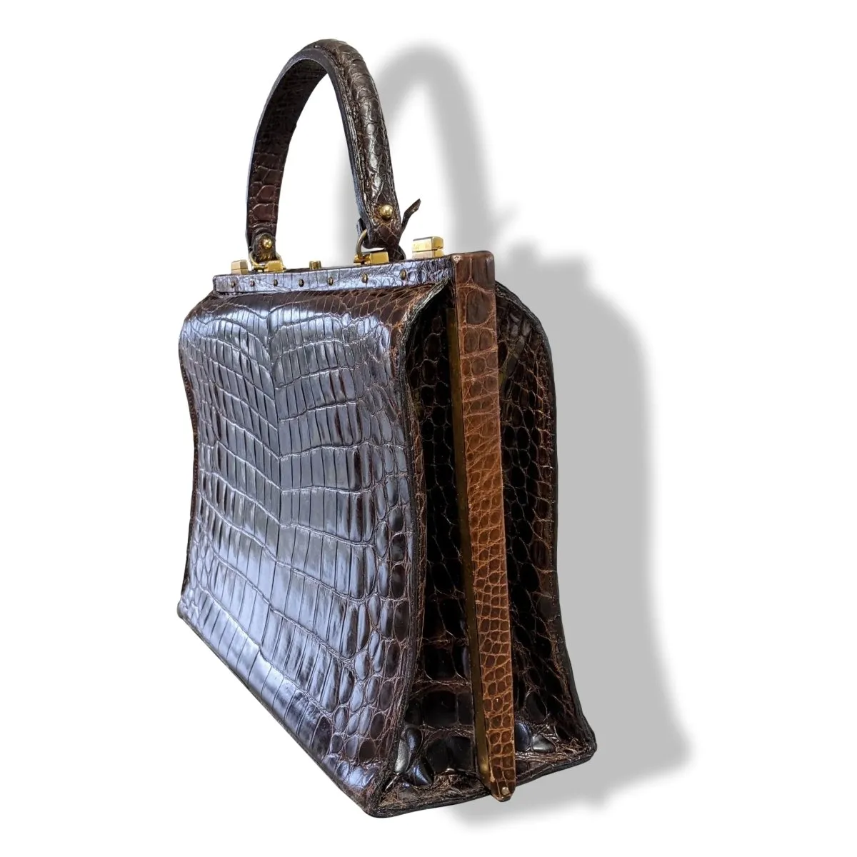 Louise Fontaine 1960s Chocolate Crocodile Big Retro Mallette Doctor Bag 34 with Key Superb!
