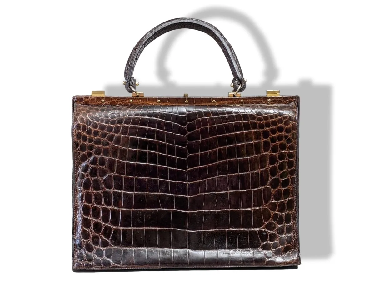 Louise Fontaine 1960s Chocolate Crocodile Big Retro Mallette Doctor Bag 34 with Key Superb!