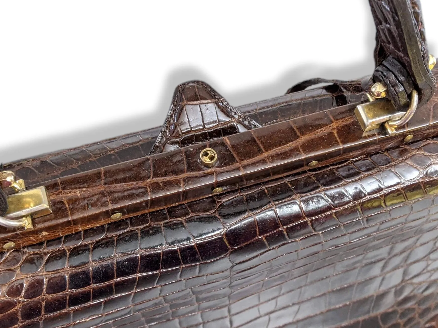 Louise Fontaine 1960s Chocolate Crocodile Big Retro Mallette Doctor Bag 34 with Key Superb!