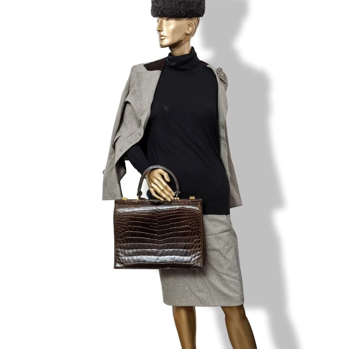 Louise Fontaine 1960s Chocolate Crocodile Big Retro Mallette Doctor Bag 34 with Key Superb!