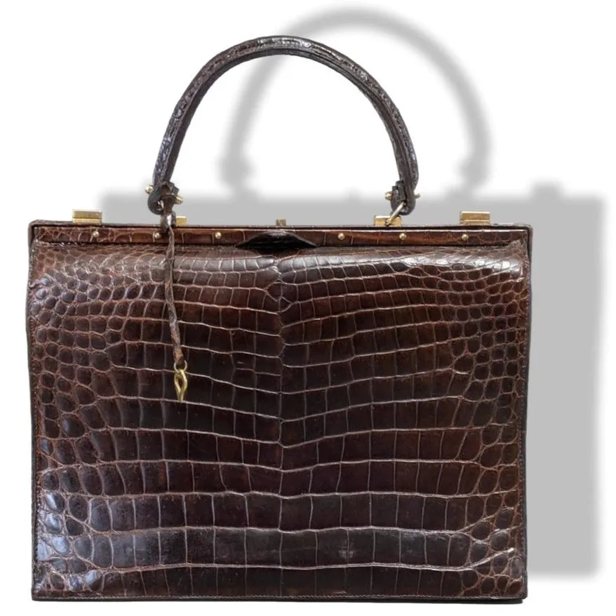 Louise Fontaine 1960s Chocolate Crocodile Big Retro Mallette Doctor Bag 34 with Key Superb!