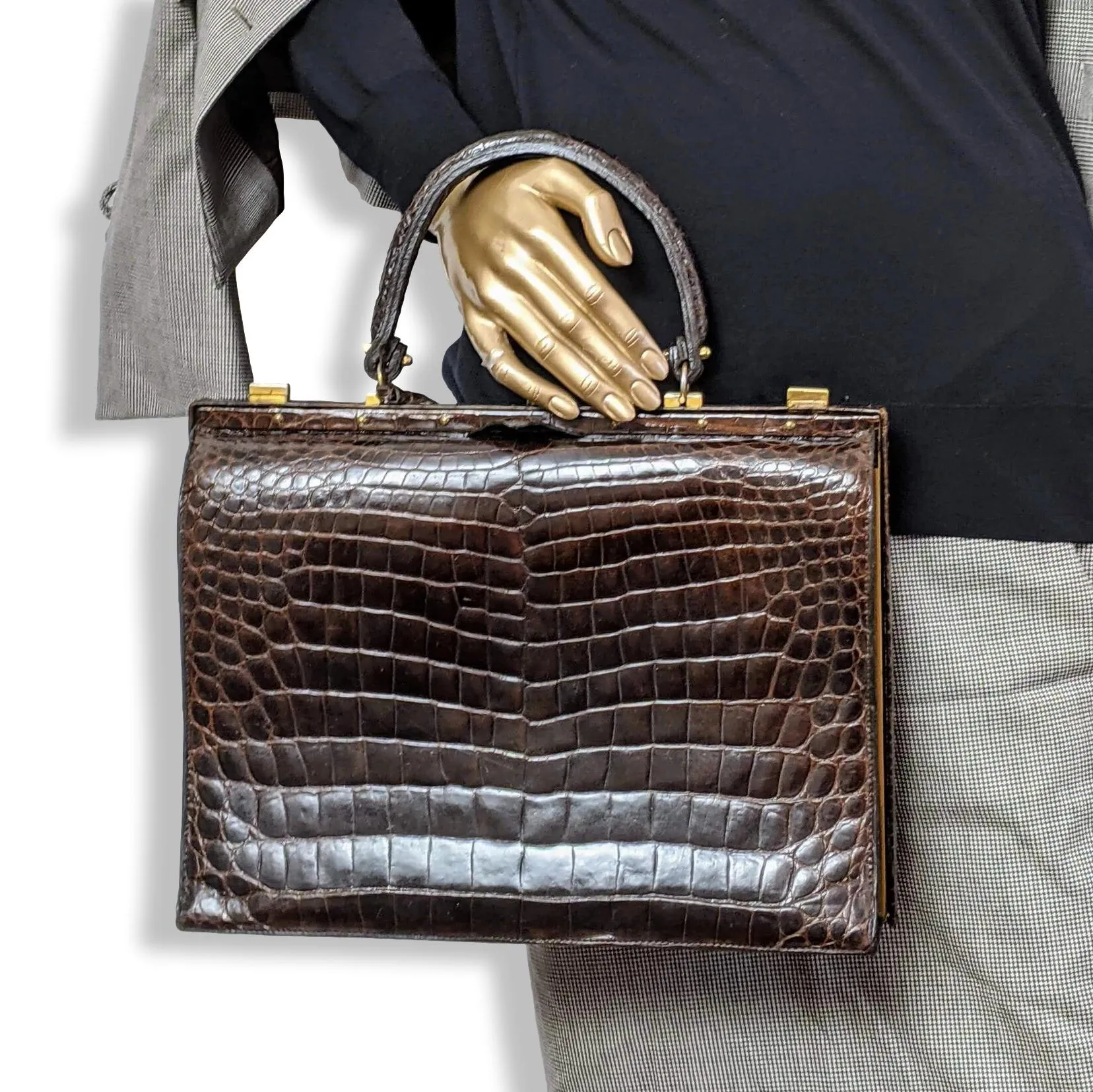 Louise Fontaine 1960s Chocolate Crocodile Big Retro Mallette Doctor Bag 34 with Key Superb!