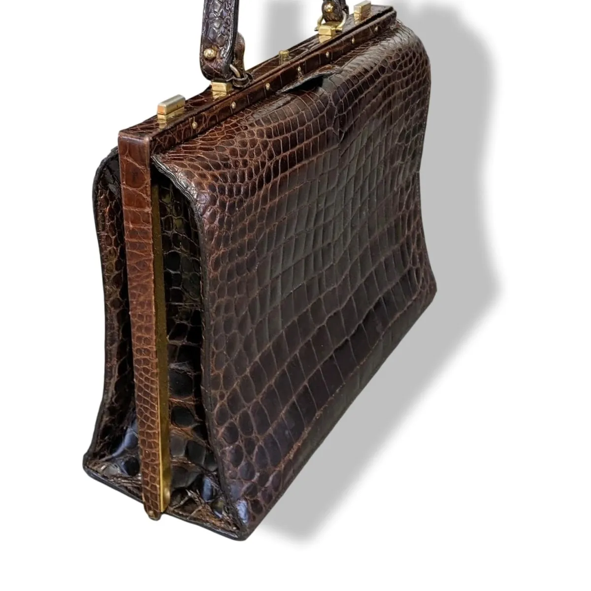 Louise Fontaine 1960s Chocolate Crocodile Big Retro Mallette Doctor Bag 34 with Key Superb!