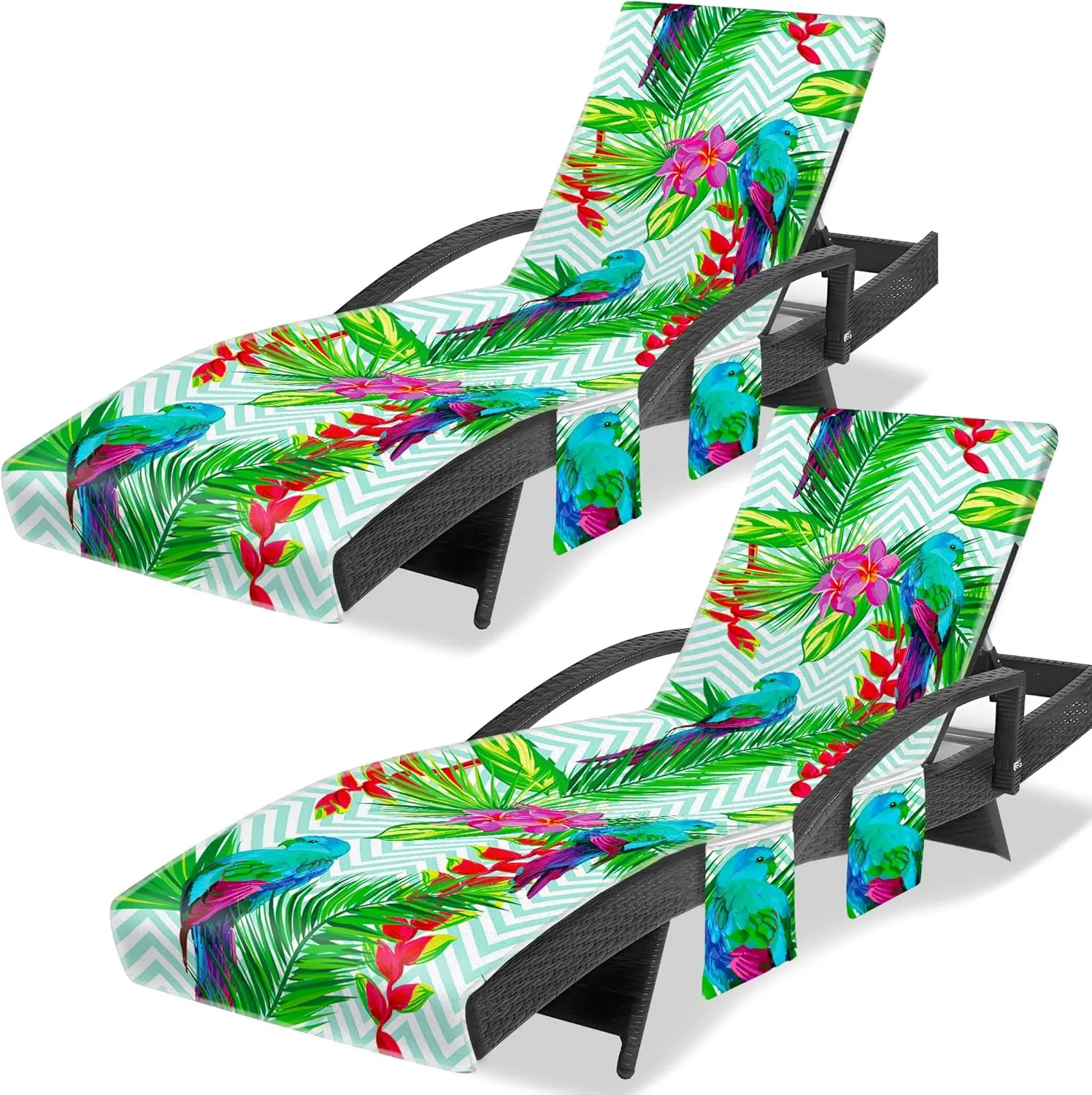 Lounge Chair Towel Cover, Chaise Lounge Cover (Pack of 2), Beach Chair Covers with 3 Pockets for Pool Sunbathing Beach Garden Courtyard Outdoor Trips, 85 x30 in, Bird and Flower(Green)