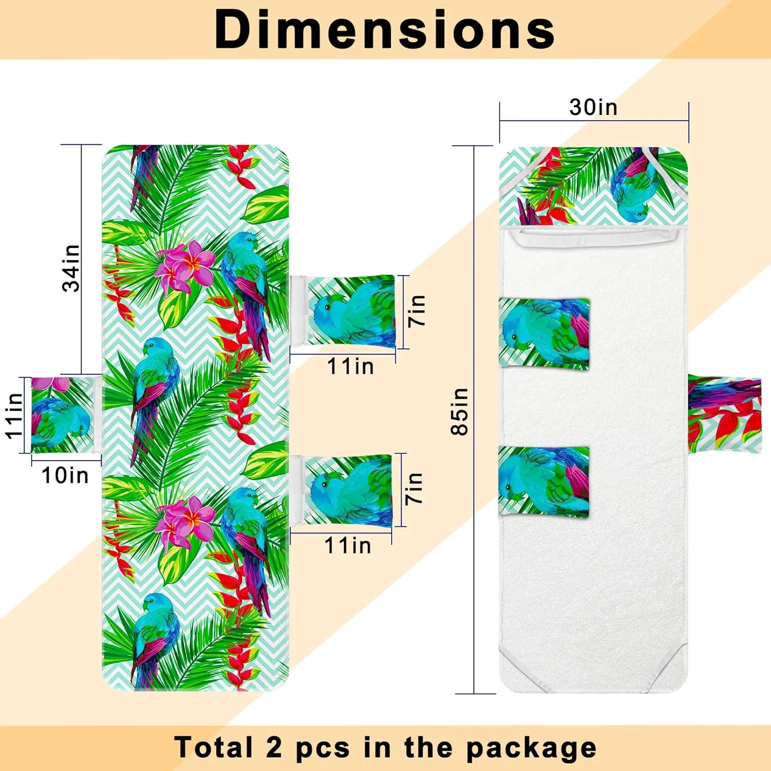 Lounge Chair Towel Cover, Chaise Lounge Cover (Pack of 2), Beach Chair Covers with 3 Pockets for Pool Sunbathing Beach Garden Courtyard Outdoor Trips, 85 x30 in, Bird and Flower(Green)
