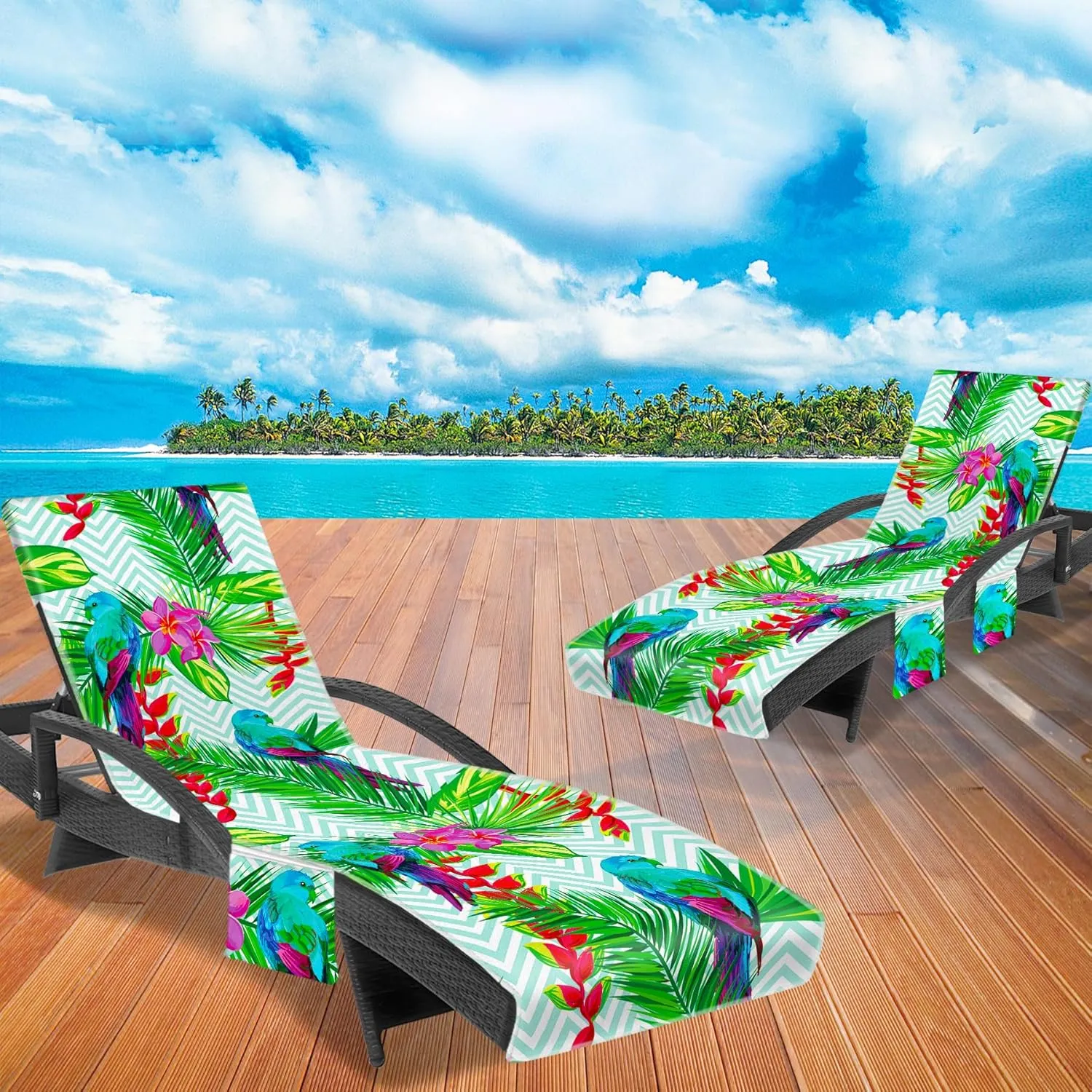 Lounge Chair Towel Cover, Chaise Lounge Cover (Pack of 2), Beach Chair Covers with 3 Pockets for Pool Sunbathing Beach Garden Courtyard Outdoor Trips, 85 x30 in, Bird and Flower(Green)