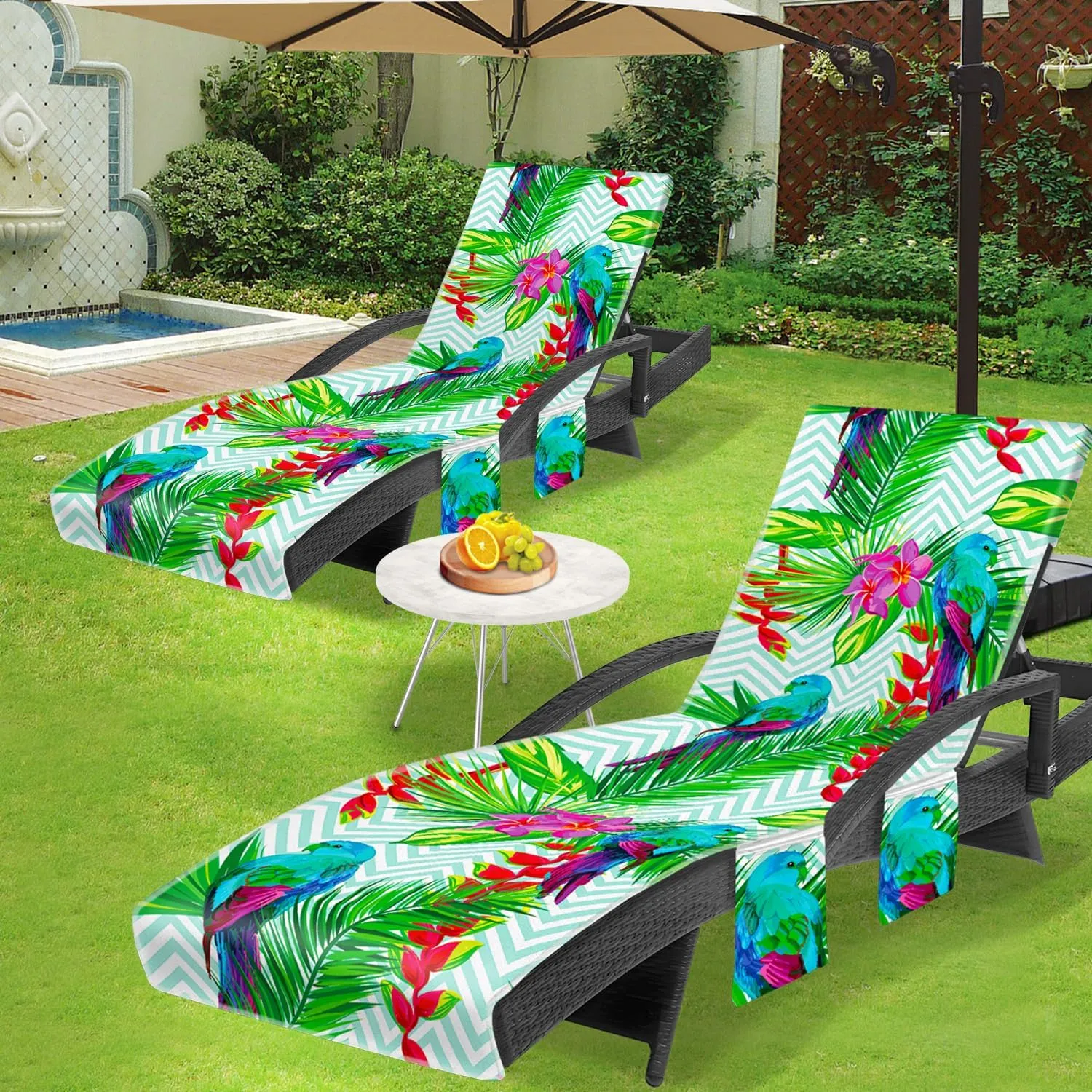 Lounge Chair Towel Cover, Chaise Lounge Cover (Pack of 2), Beach Chair Covers with 3 Pockets for Pool Sunbathing Beach Garden Courtyard Outdoor Trips, 85 x30 in, Bird and Flower(Green)