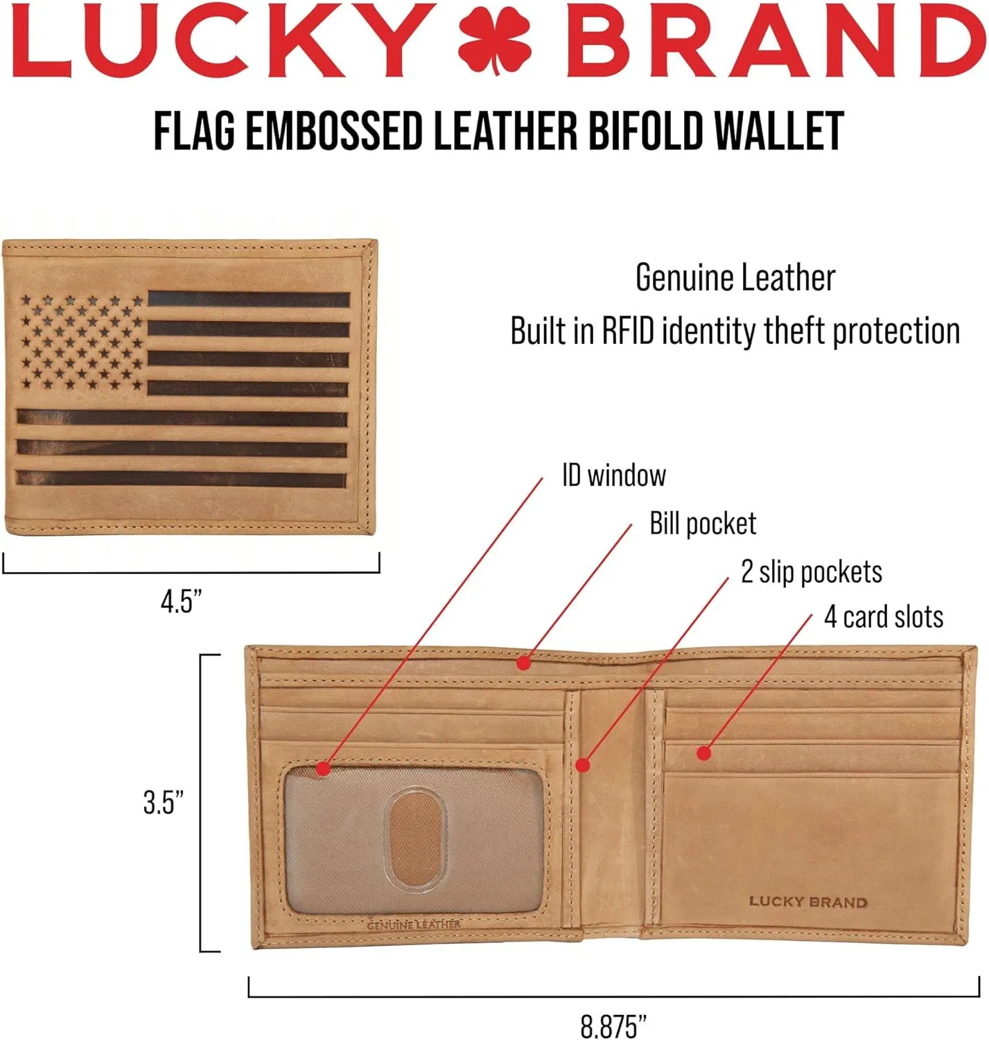 Lucky Brand Men's Bifold Wallet | Id Window | Card Slots | Leather | Organization | Durable | Stylish