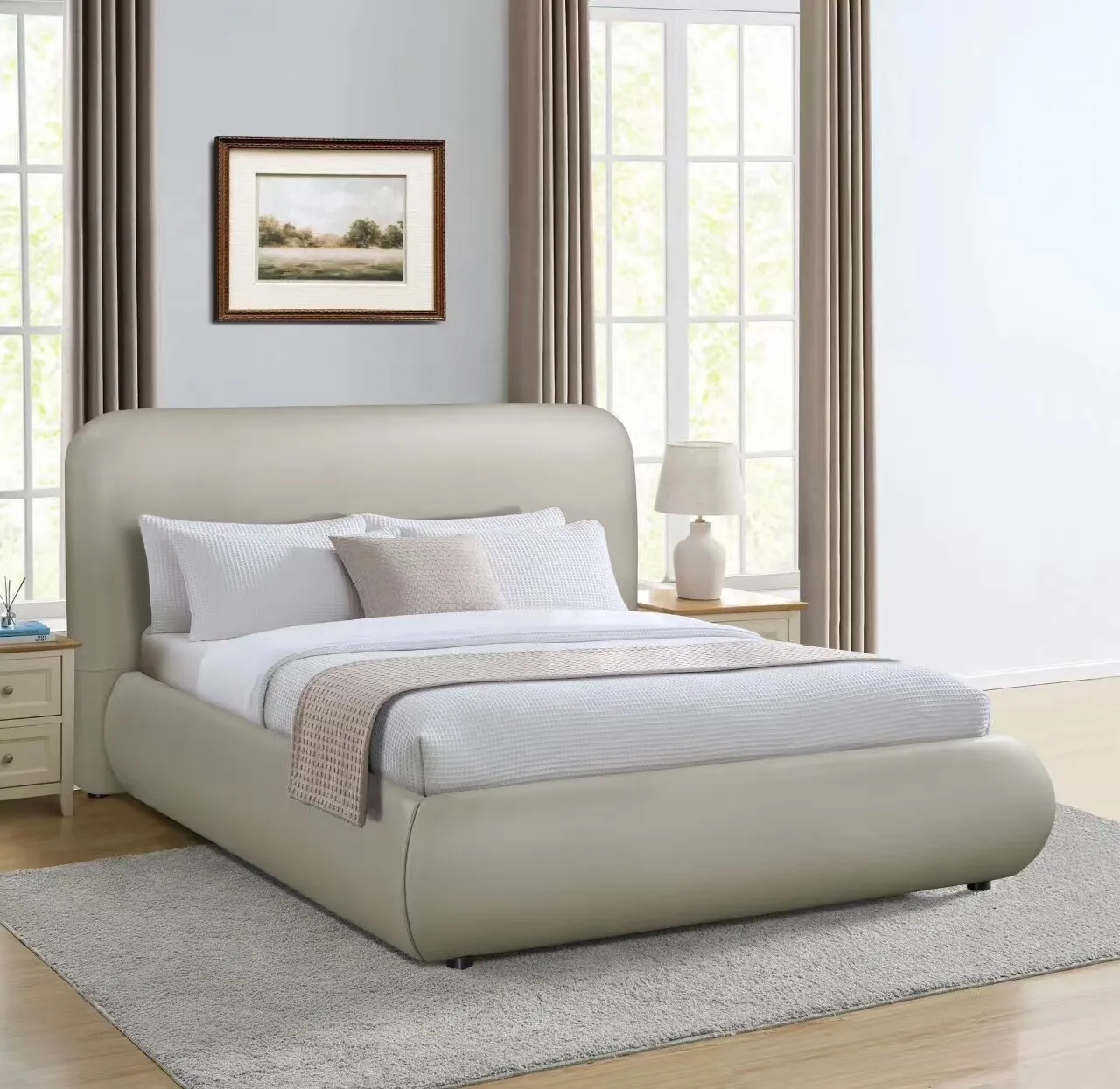 Luka Upholstered Platform Bed in Taupe Vegan-Leather Fabric, Modern - Full Size | Lit plateforme rembourré moderne Luka en tissu de cuir végétalien taupe - format lit double