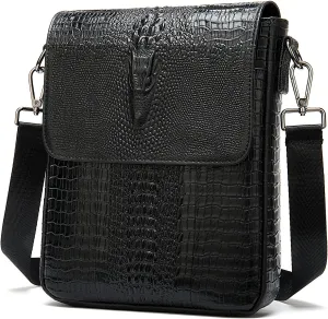 LUKZIJAES Genuine Leather Flap Messenger Bag for Men Vintage Crocodile Embossed Crossbody Small Shoulder Bags