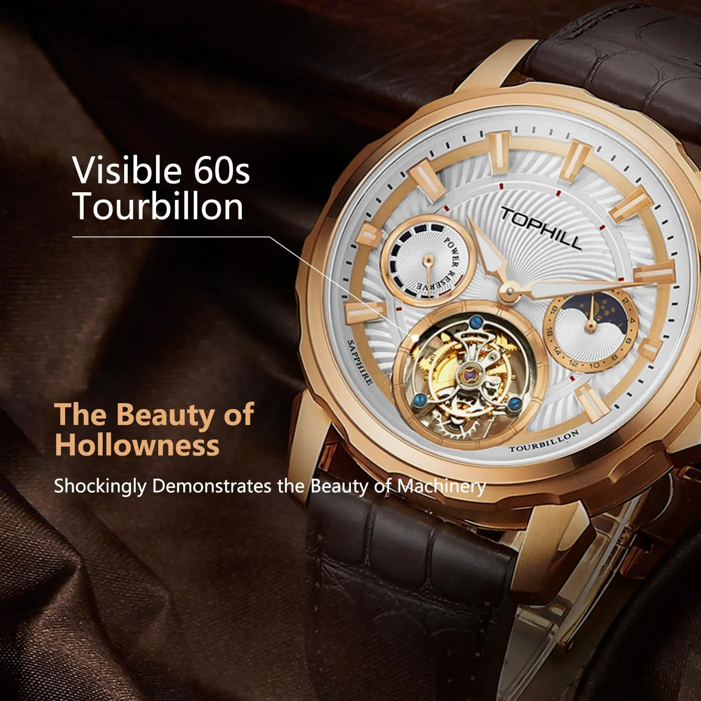 Luminous Men's Tourbillon Mechanical Watch Manual Winding Movement Moon Phase Watches Sapphire Waterproof Wristwatches