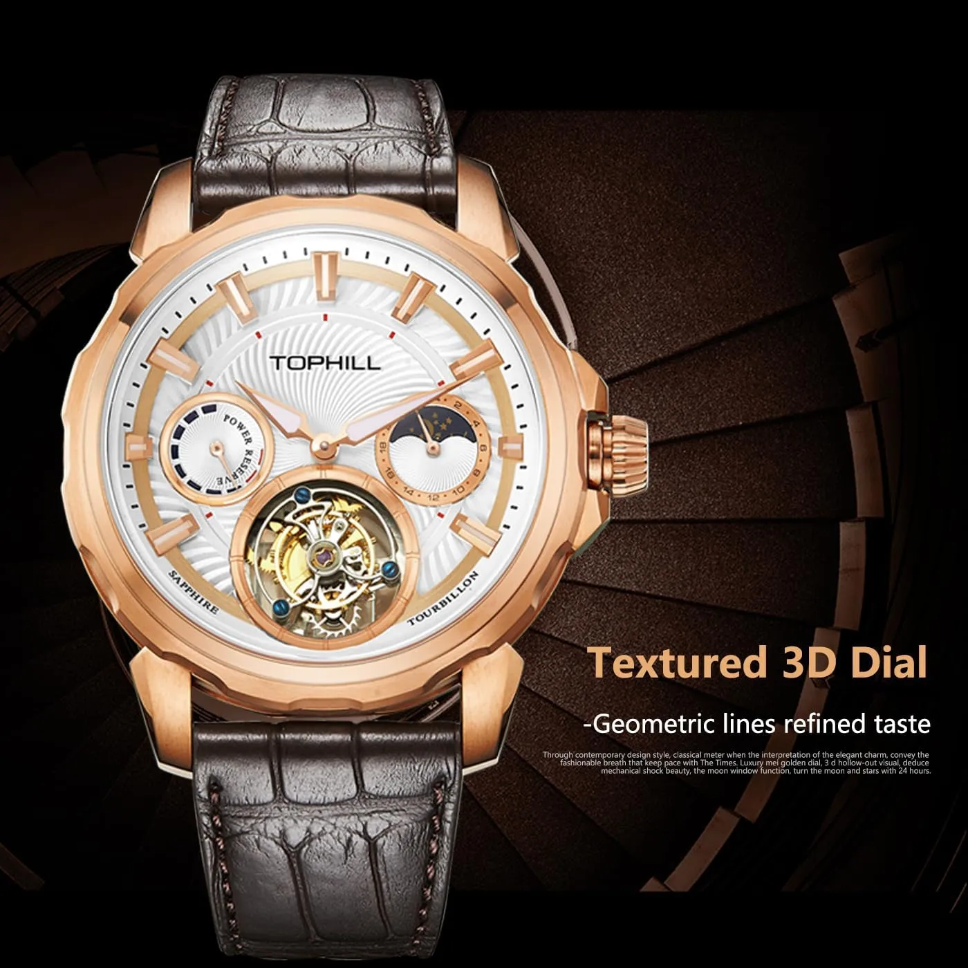 Luminous Men's Tourbillon Mechanical Watch Manual Winding Movement Moon Phase Watches Sapphire Waterproof Wristwatches