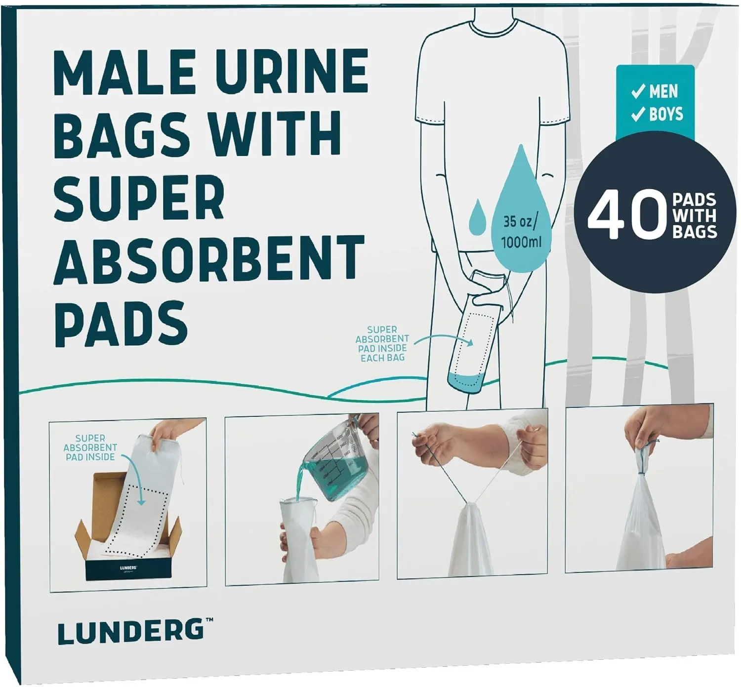 Lunderg Disposable Urine Bags for Men with Super Absorbent Pad - Value Pack 40 Count - Disposable & Portable - For travel, Car Pee Bag or Pocket Toilet for Emergency & Camping. Help Yourself Anywhere!