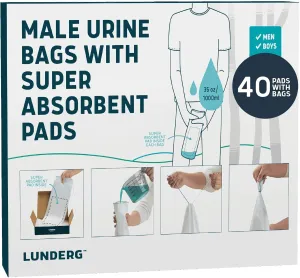 Lunderg Disposable Urine Bags for Men with Super Absorbent Pad - Value Pack 40 Count - Disposable & Portable - For travel, Car Pee Bag or Pocket Toilet for Emergency & Camping. Help Yourself Anywhere!