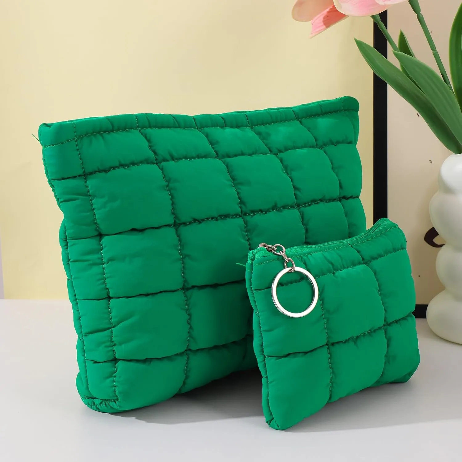 LYDZTION Puffy Makeup Bag,Cosmetic Bag for Women and Girls, Quilted Makeup Bag Organizer Cute Checkered Travel Toiletry Bag Skincare Makeup Pouch Zipper Pouch 2Pcs,Green