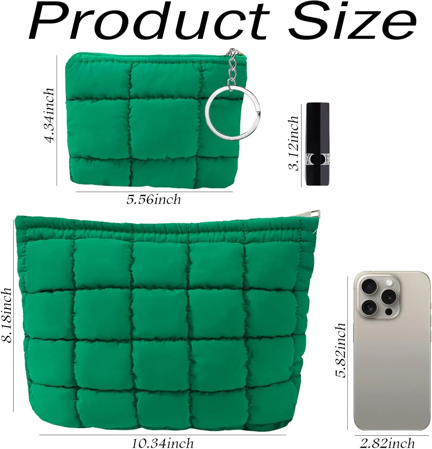 LYDZTION Puffy Makeup Bag,Cosmetic Bag for Women and Girls, Quilted Makeup Bag Organizer Cute Checkered Travel Toiletry Bag Skincare Makeup Pouch Zipper Pouch 2Pcs,Green