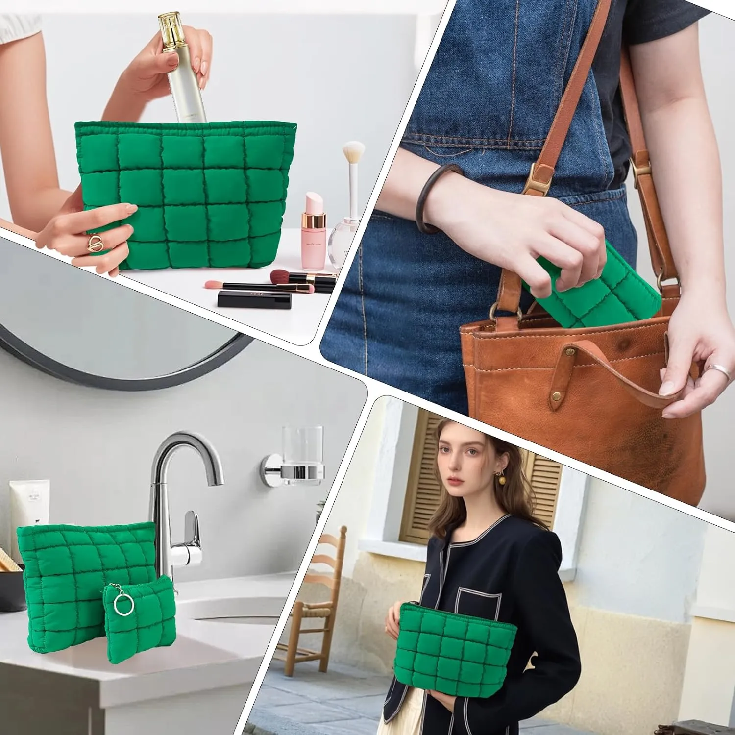 LYDZTION Puffy Makeup Bag,Cosmetic Bag for Women and Girls, Quilted Makeup Bag Organizer Cute Checkered Travel Toiletry Bag Skincare Makeup Pouch Zipper Pouch 2Pcs,Green