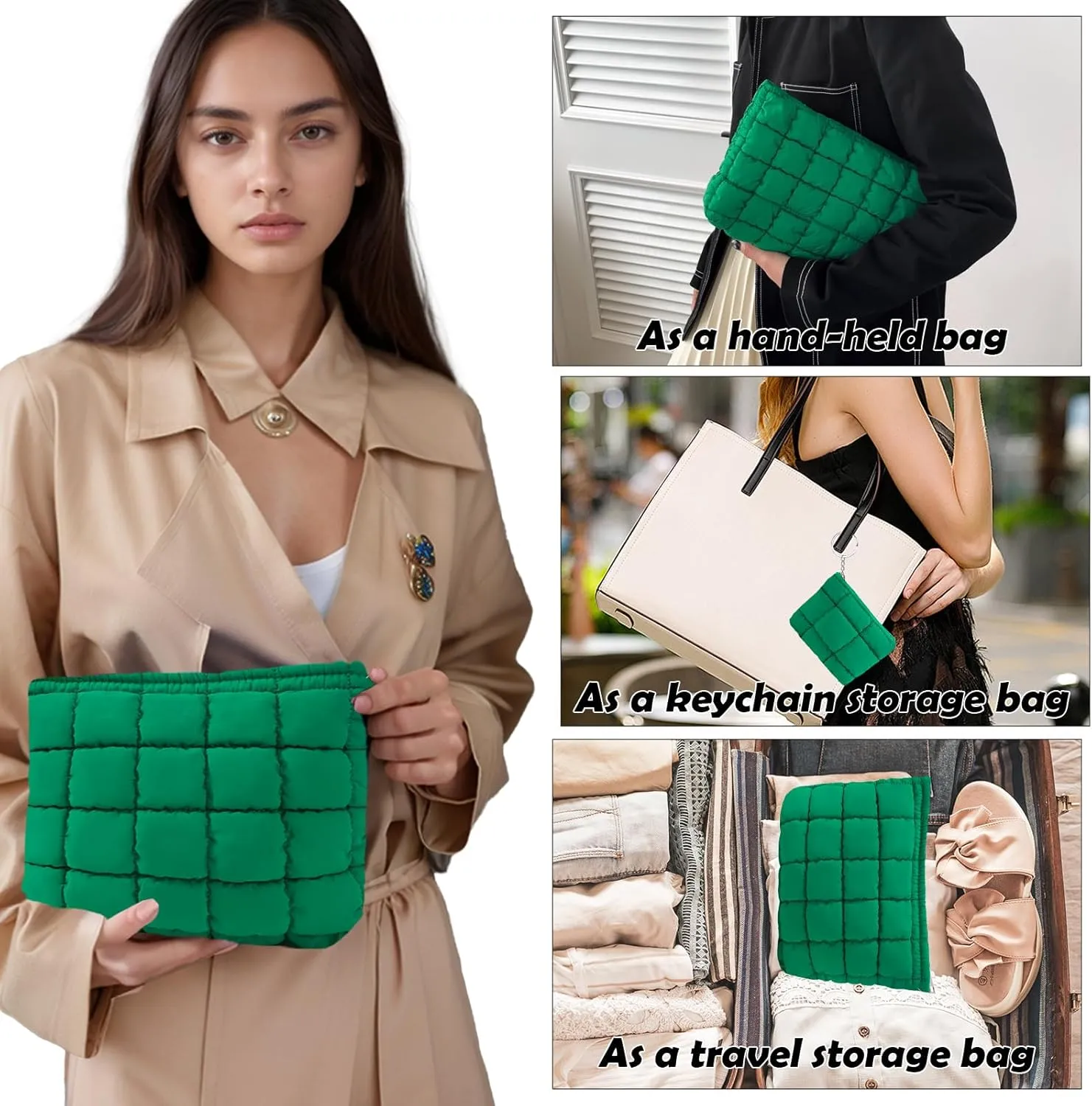 LYDZTION Puffy Makeup Bag,Cosmetic Bag for Women and Girls, Quilted Makeup Bag Organizer Cute Checkered Travel Toiletry Bag Skincare Makeup Pouch Zipper Pouch 2Pcs,Green