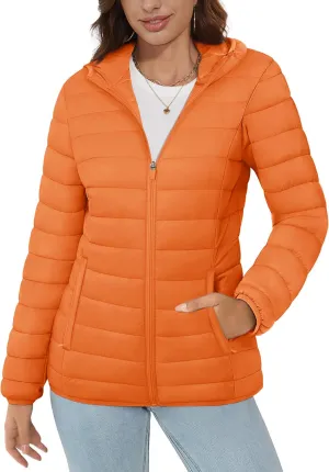 MAGCOMSEN Women's Hooded Puffer Jacket Lightweight Quilted Padded Coat 4 Pockets Zip-up Winter Warm Outerwear