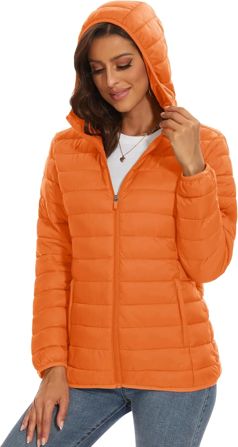MAGCOMSEN Women's Hooded Puffer Jacket Lightweight Quilted Padded Coat 4 Pockets Zip-up Winter Warm Outerwear