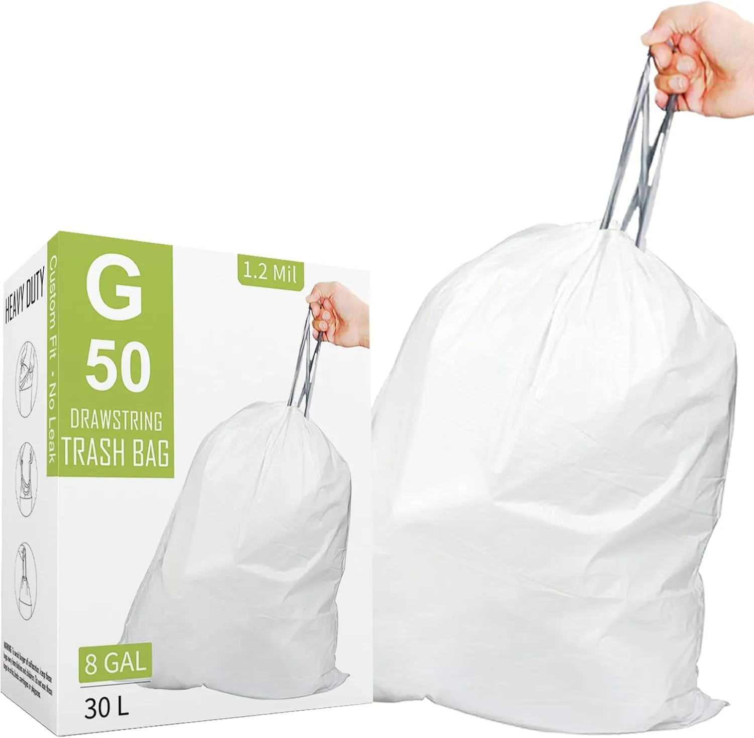 Makeronics Code G (50 Count) 8 Gallon Heavy Duty Drawstring Plastic Trash Bags Compatible with simplehuman Code G | 1.2 Mil | White | 8 Gallon/30 Liter