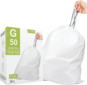 Makeronics Code G (50 Count) 8 Gallon Heavy Duty Drawstring Plastic Trash Bags Compatible with simplehuman Code G | 1.2 Mil | White | 8 Gallon/30 Liter