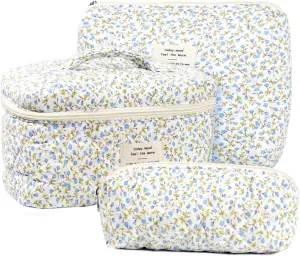 Makeup Bag, Blue Floral Makeup Bag, Quilted Cotton Large Capacity Cosmetic Pouch with Handle, Travel Make Up Bag for Women, Bridesmaids, Gifts, Broken Flower Aesthetic Organizer