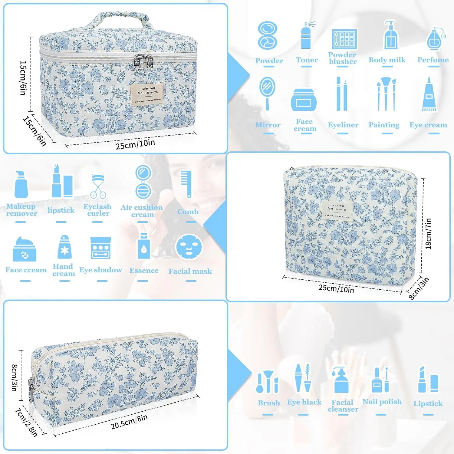 Makeup Bag, Large Quilted Cosmetic Bag, Big Floral Make Up Bag for Women Girls, Cute Cotton Makeup Bag Set, Flower Travel Toiletry Organizer Bag